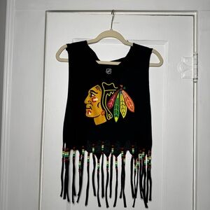 Reebok Blackhawk Oduya Beaded Fringe Cropped Sports Team Logo Small